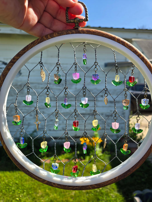 Custom Handmade Suncatcher | Vintage Frame & Glass Flower Charms | Whimsical Decor | Handmade in Nebraska