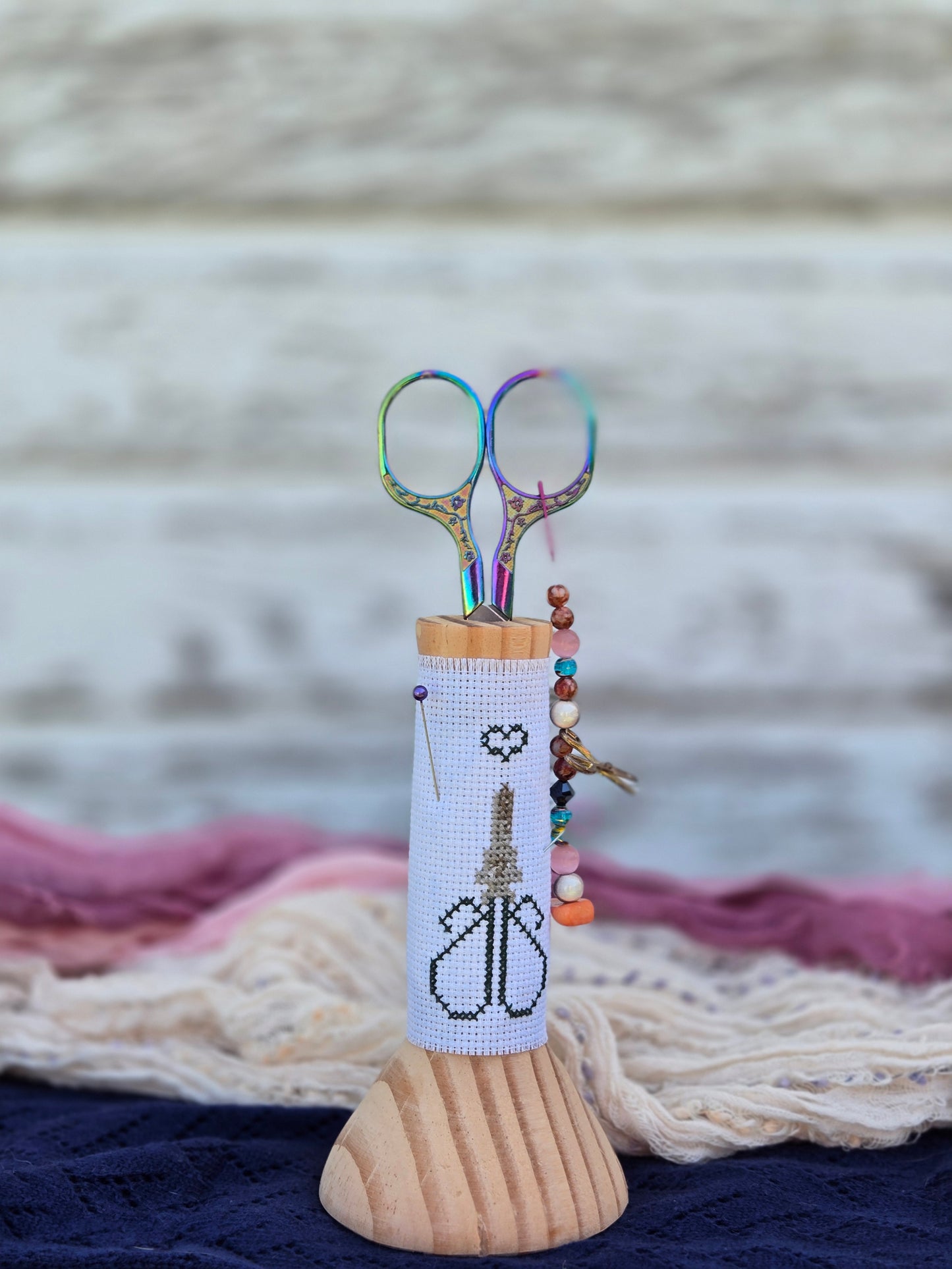 Large Hand-Turned Wooden Scissor Stand with Cross-Stitch Wrap