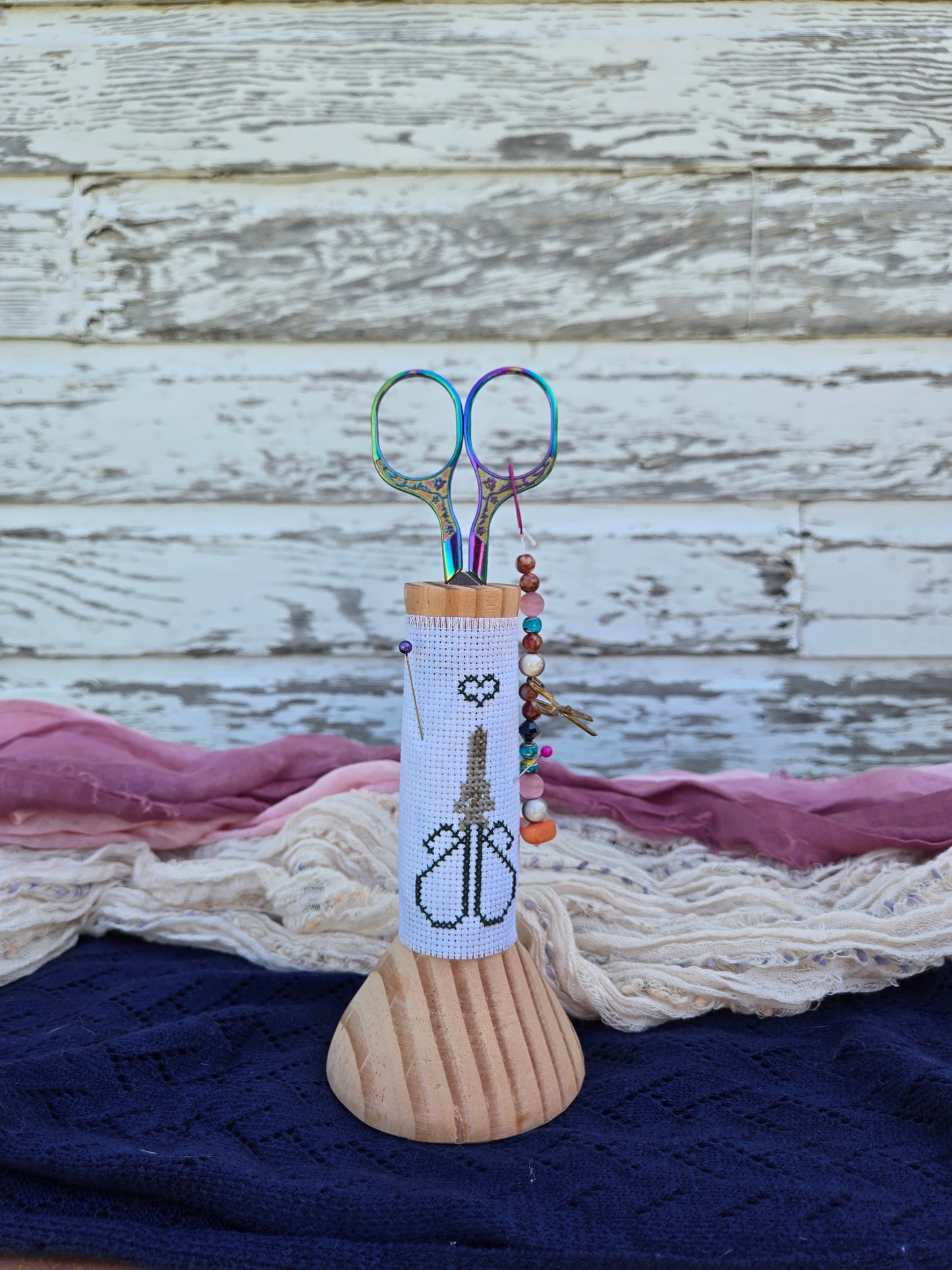 Large Hand-Turned Wooden Scissor Stand with Cross-Stitch Wrap