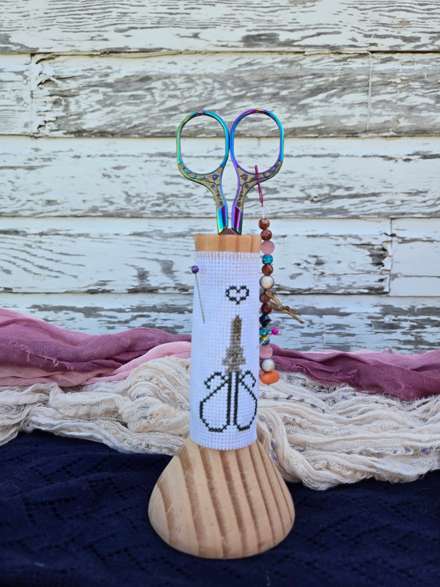 Large Hand-Turned Wooden Scissor Stand with Cross-Stitch Wrap