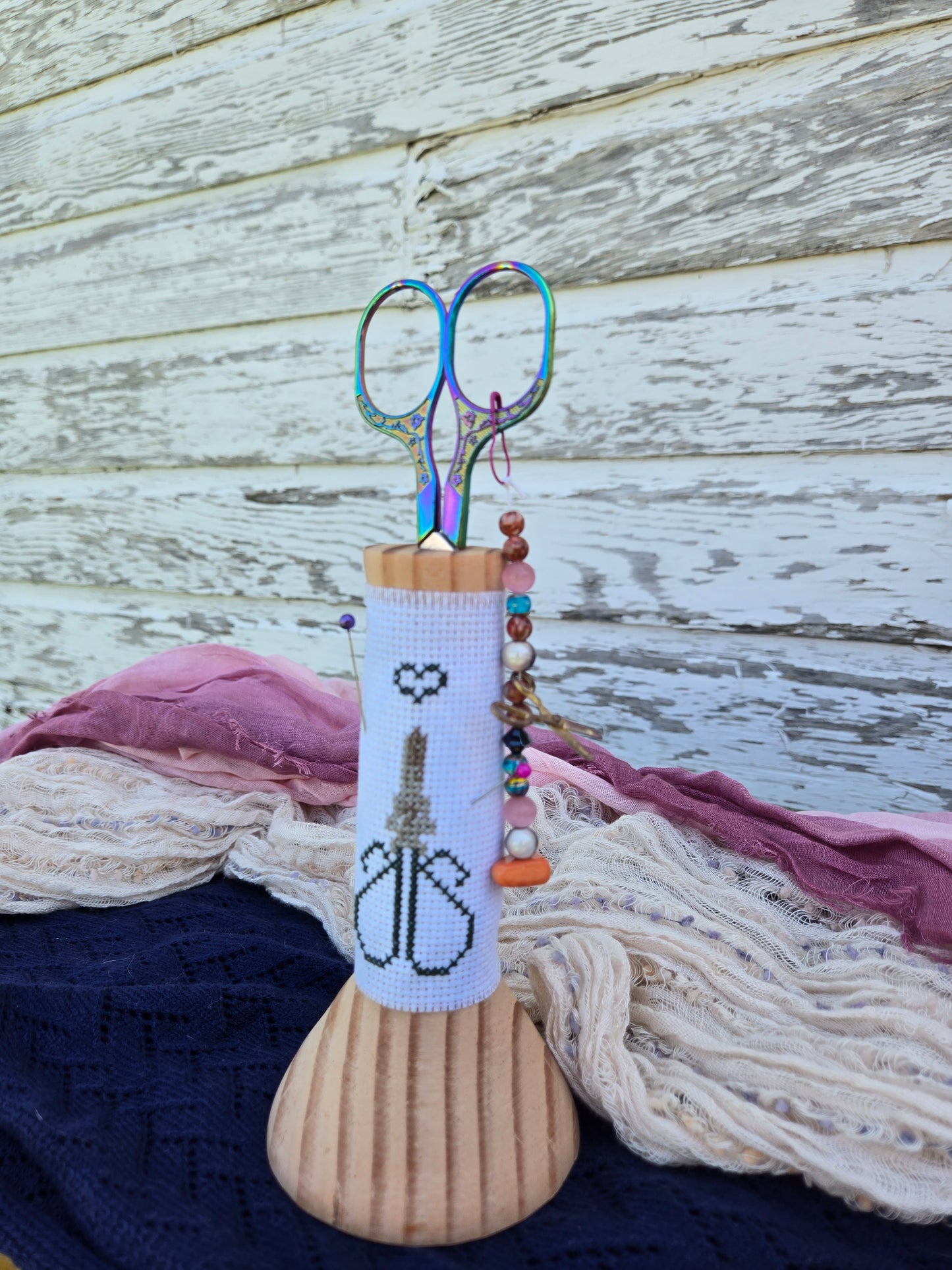 Large Hand-Turned Wooden Scissor Stand with Cross-Stitch Wrap