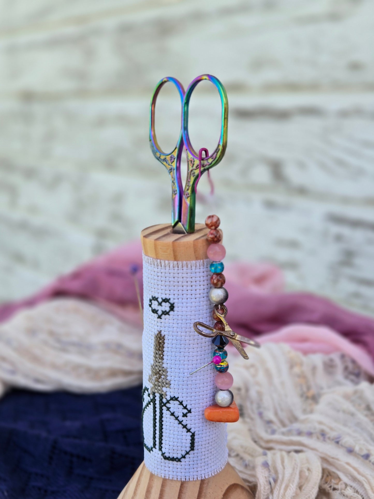 Large Hand-Turned Wooden Scissor Stand with Cross-Stitch Wrap