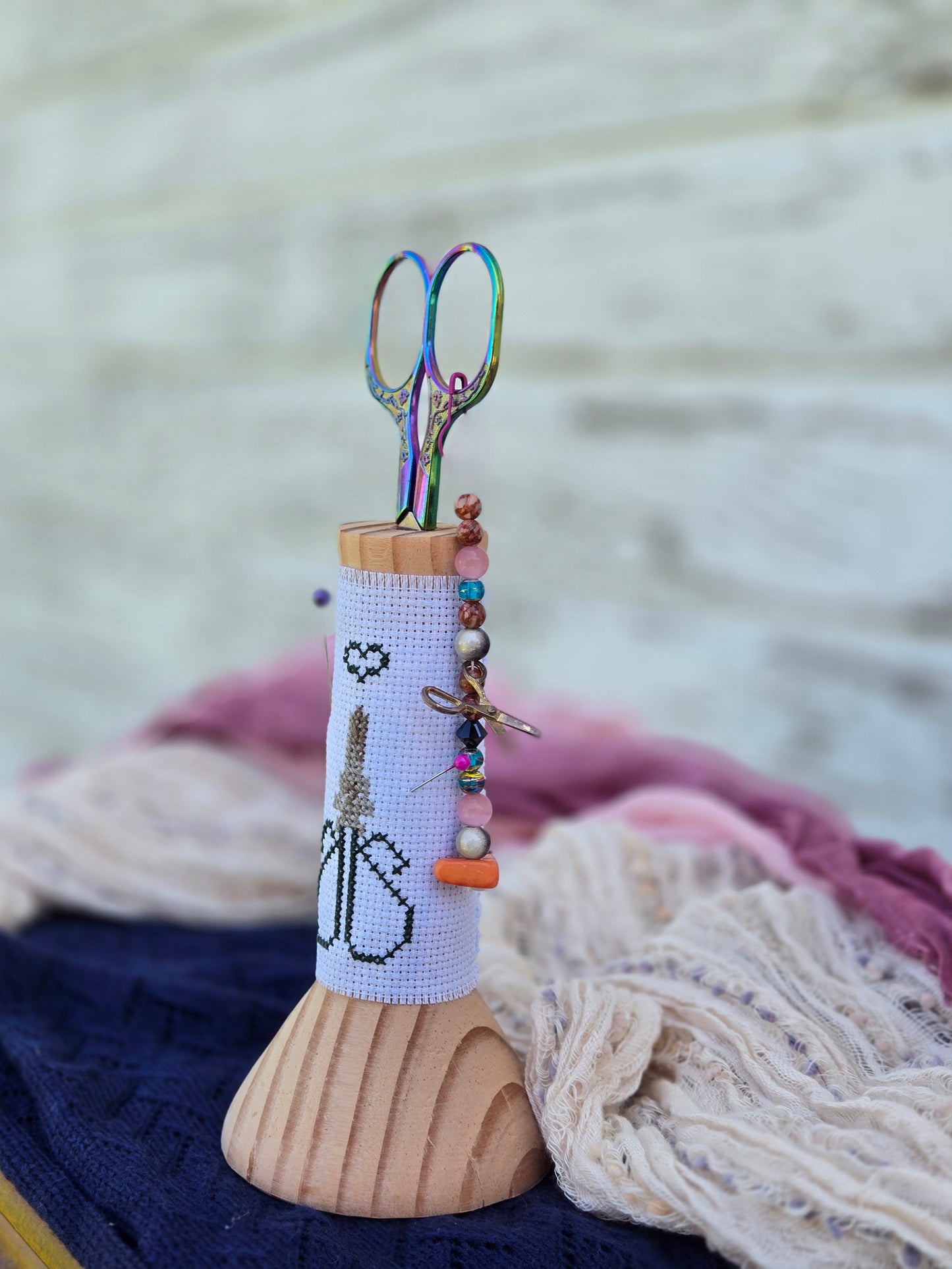 Large Hand-Turned Wooden Scissor Stand with Cross-Stitch Wrap