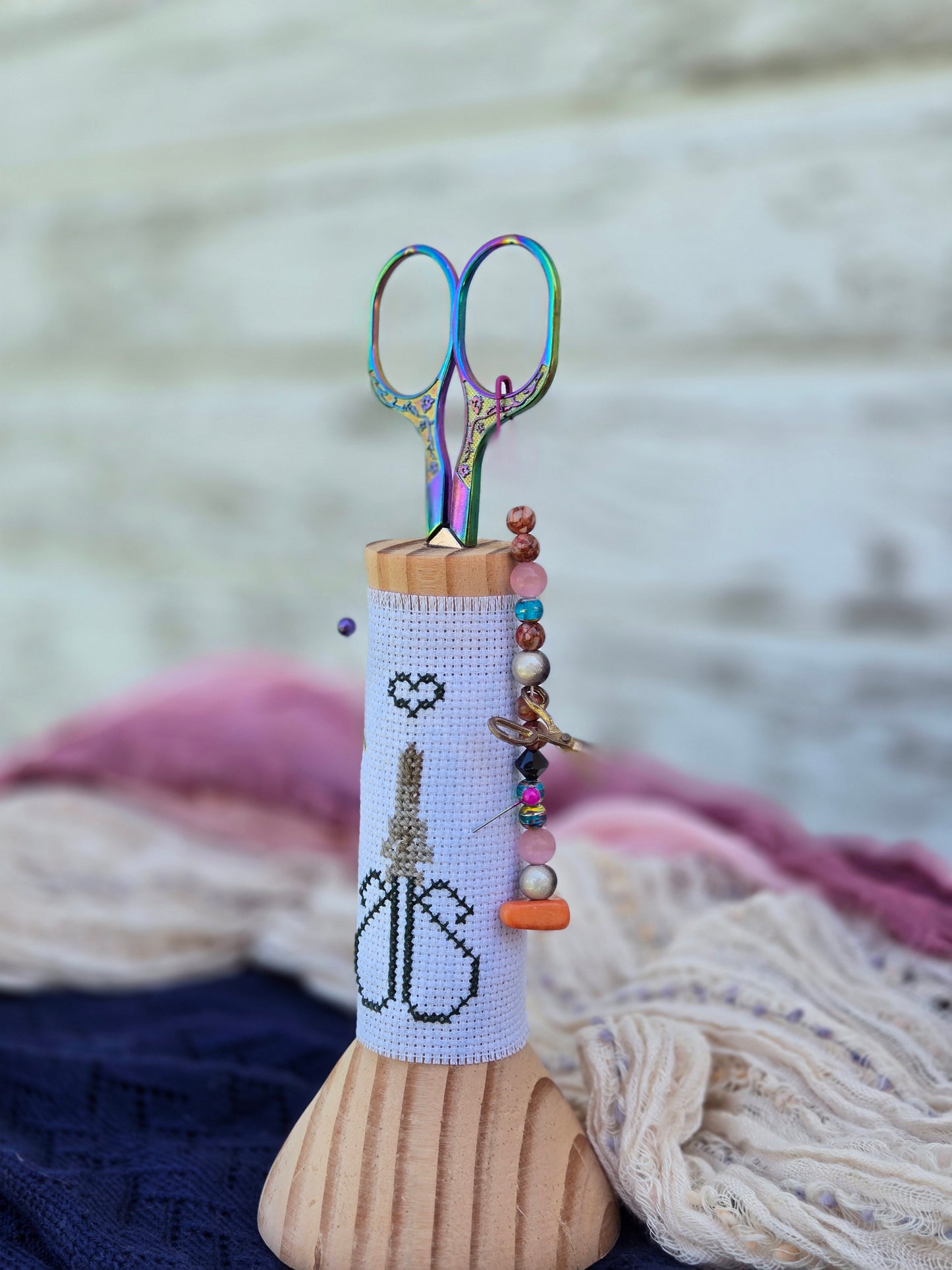 Large Hand-Turned Wooden Scissor Stand with Cross-Stitch Wrap