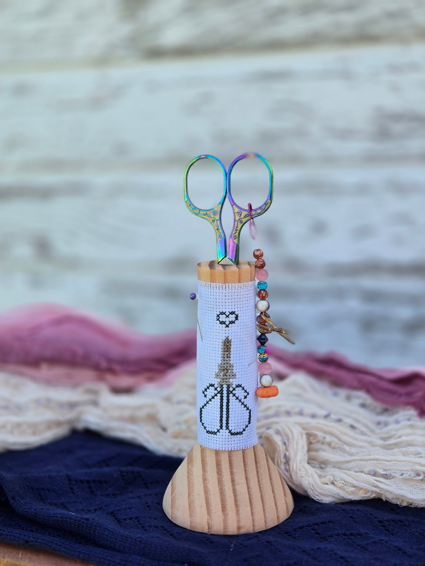Large Hand-Turned Wooden Scissor Stand with Cross-Stitch Wrap