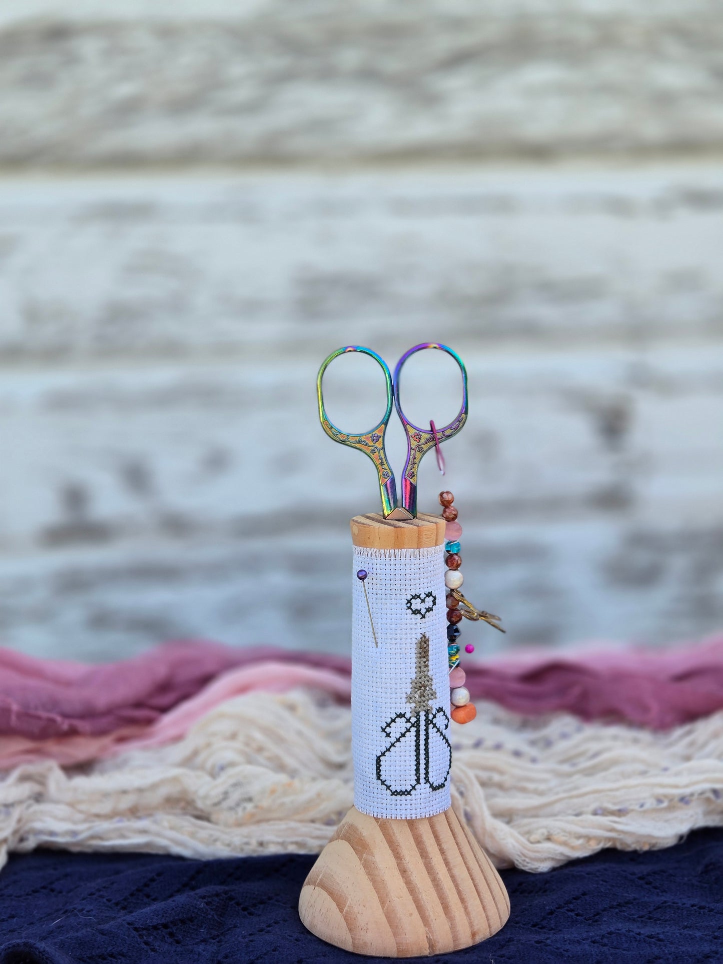 Large Hand-Turned Wooden Scissor Stand with Cross-Stitch Wrap