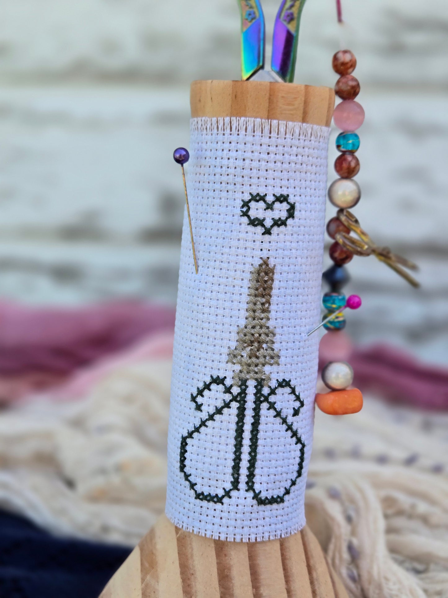 Large Hand-Turned Wooden Scissor Stand with Cross-Stitch Wrap
