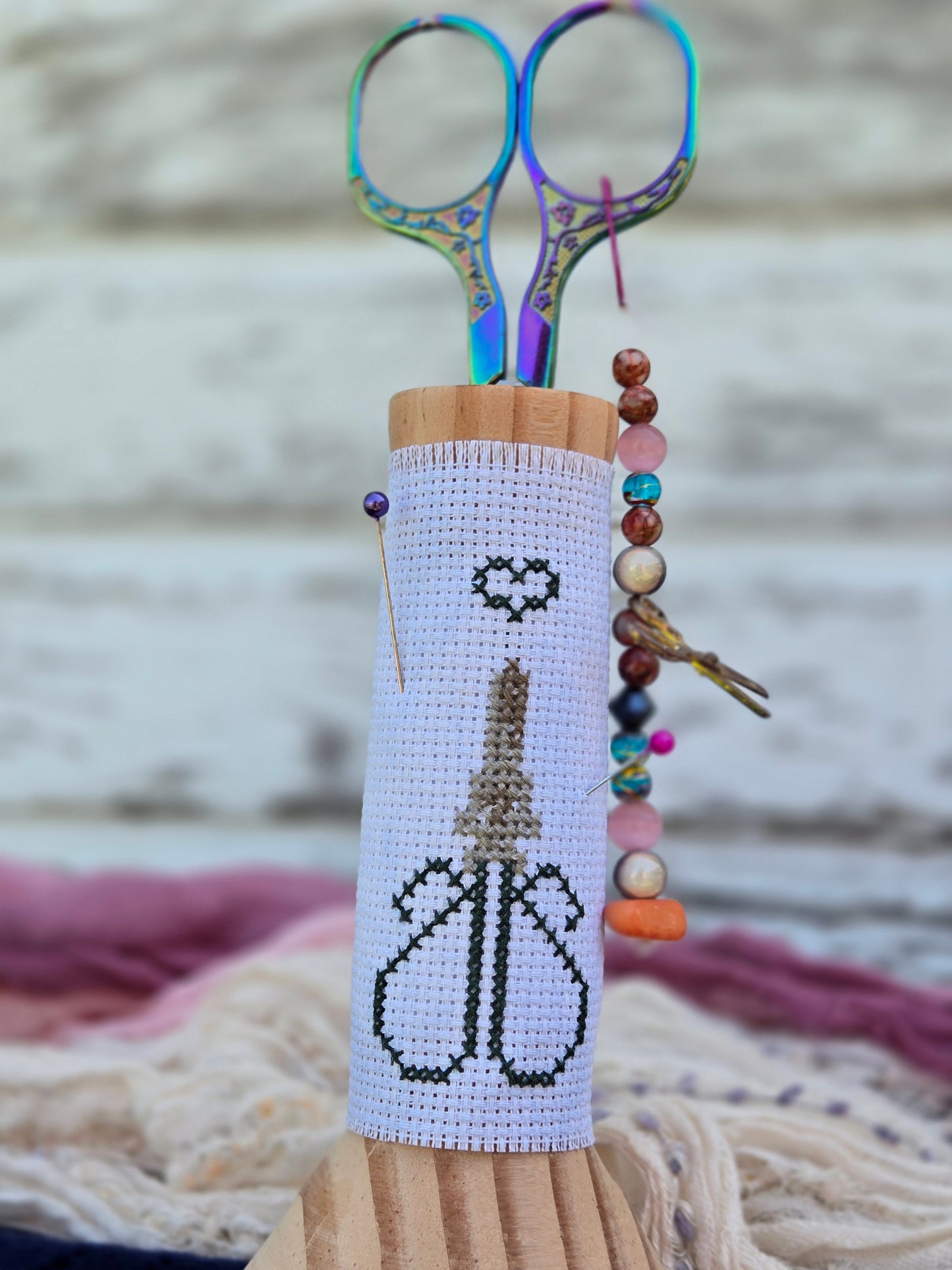 Large Hand-Turned Wooden Scissor Stand with Cross-Stitch Wrap