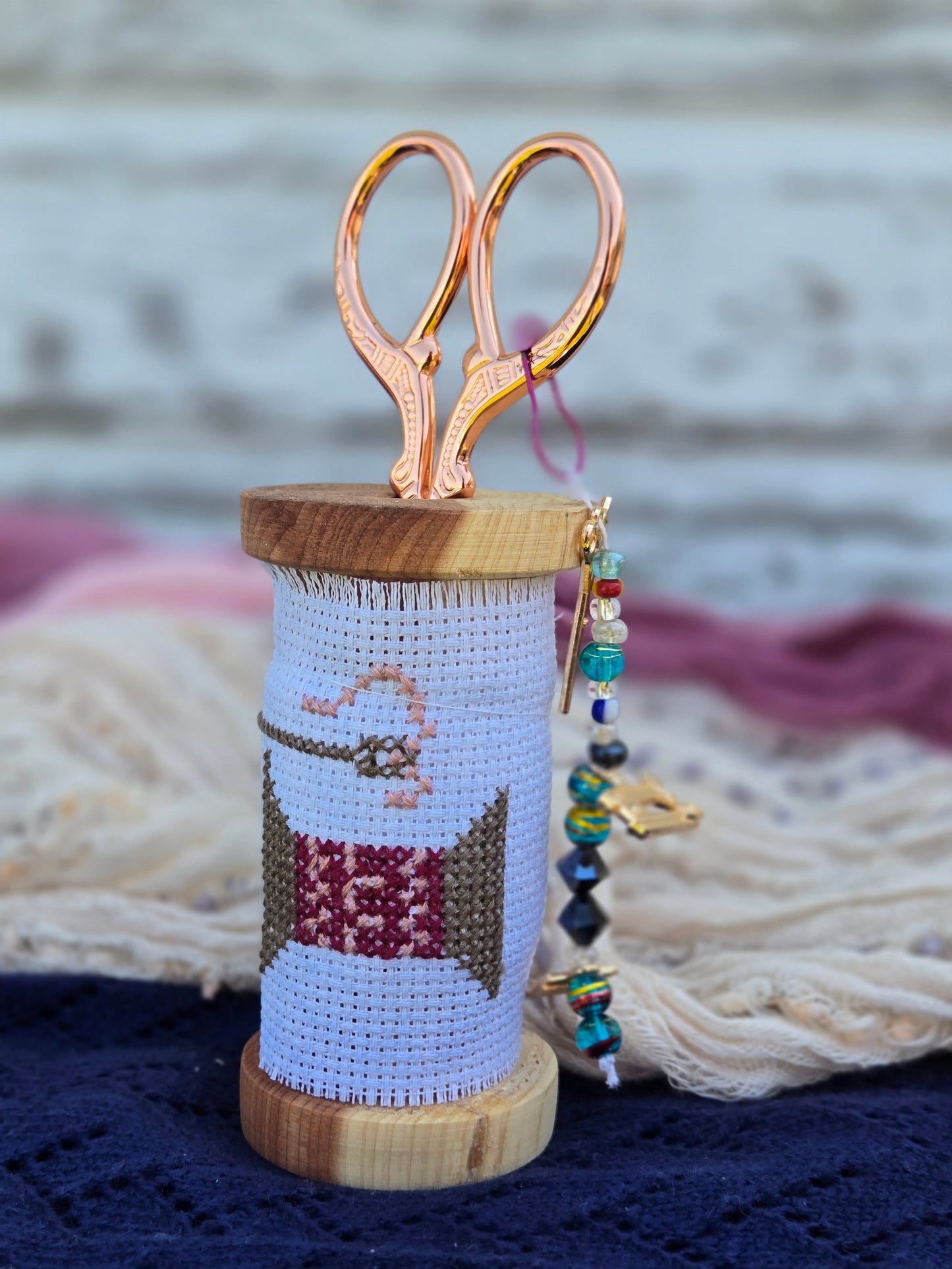 Medium Wooden Scissor Stand – “Spool of Thread” Cross-Stitch Design