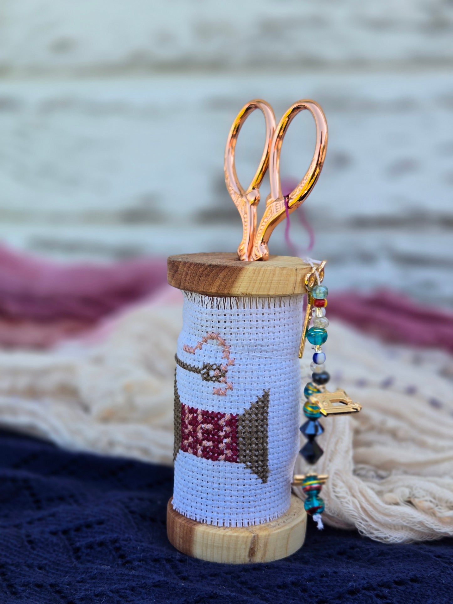 Medium Wooden Scissor Stand – “Spool of Thread” Cross-Stitch Design