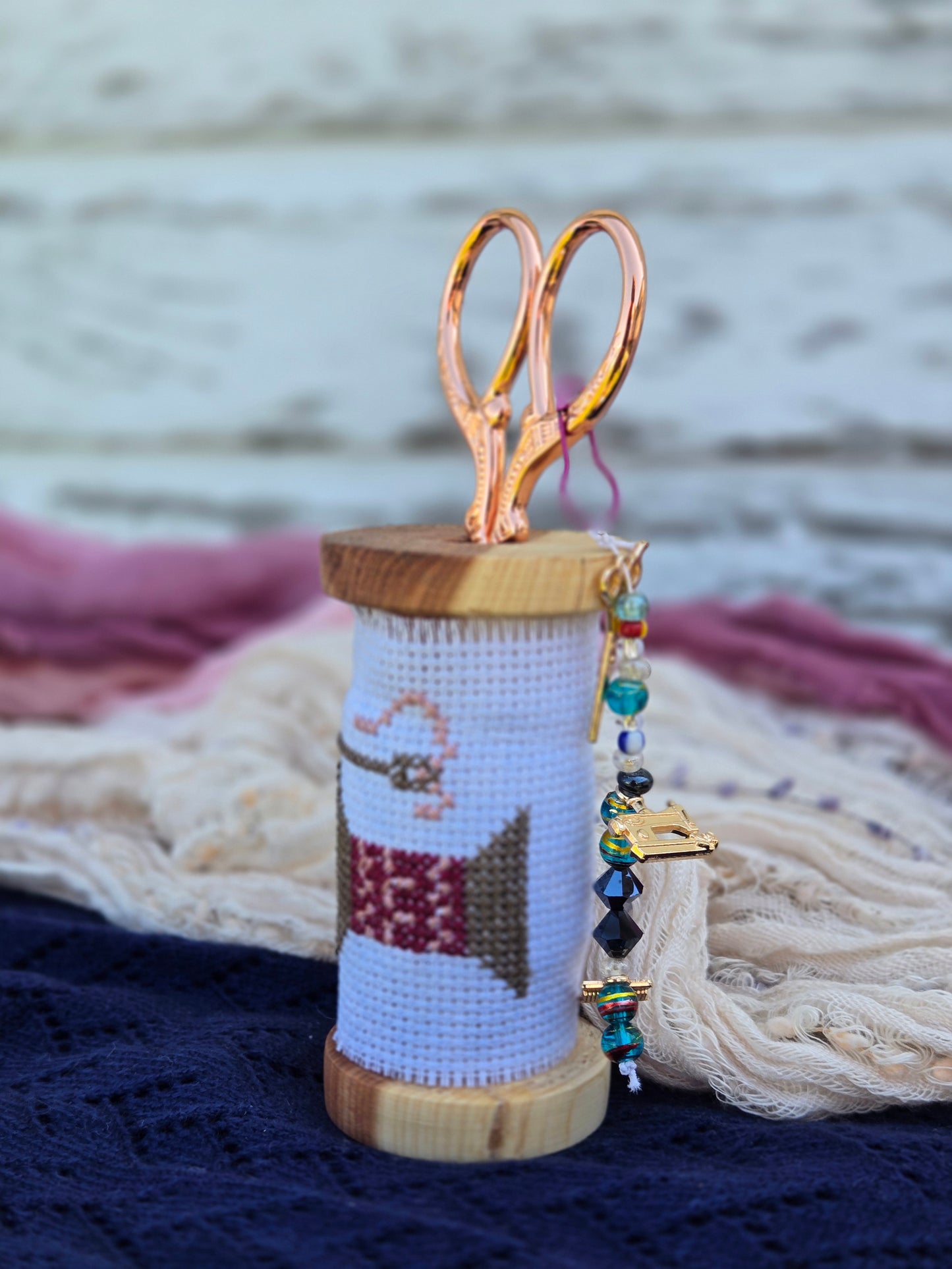 Medium Wooden Scissor Stand – “Spool of Thread” Cross-Stitch Design