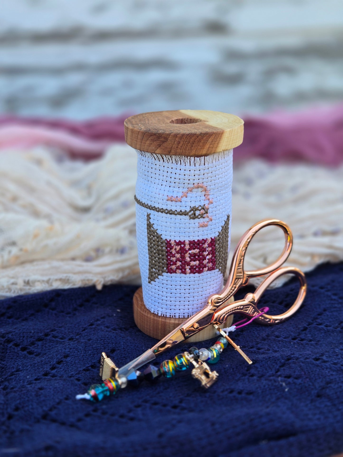 Medium Wooden Scissor Stand – “Spool of Thread” Cross-Stitch Design