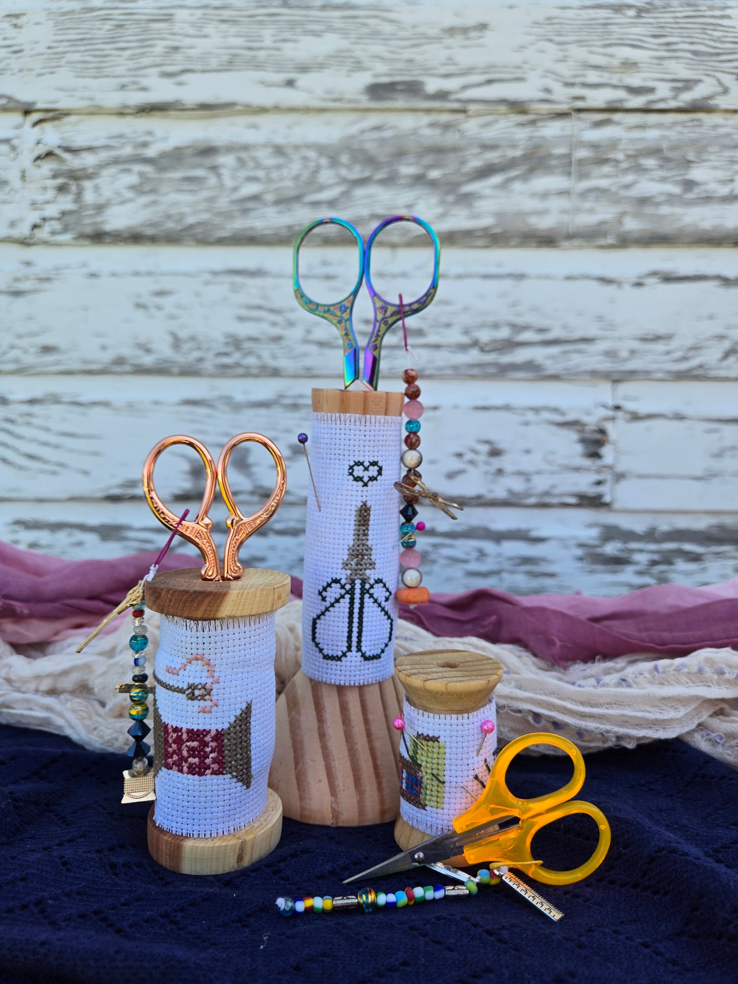Medium Wooden Scissor Stand – “Spool of Thread” Cross-Stitch Design