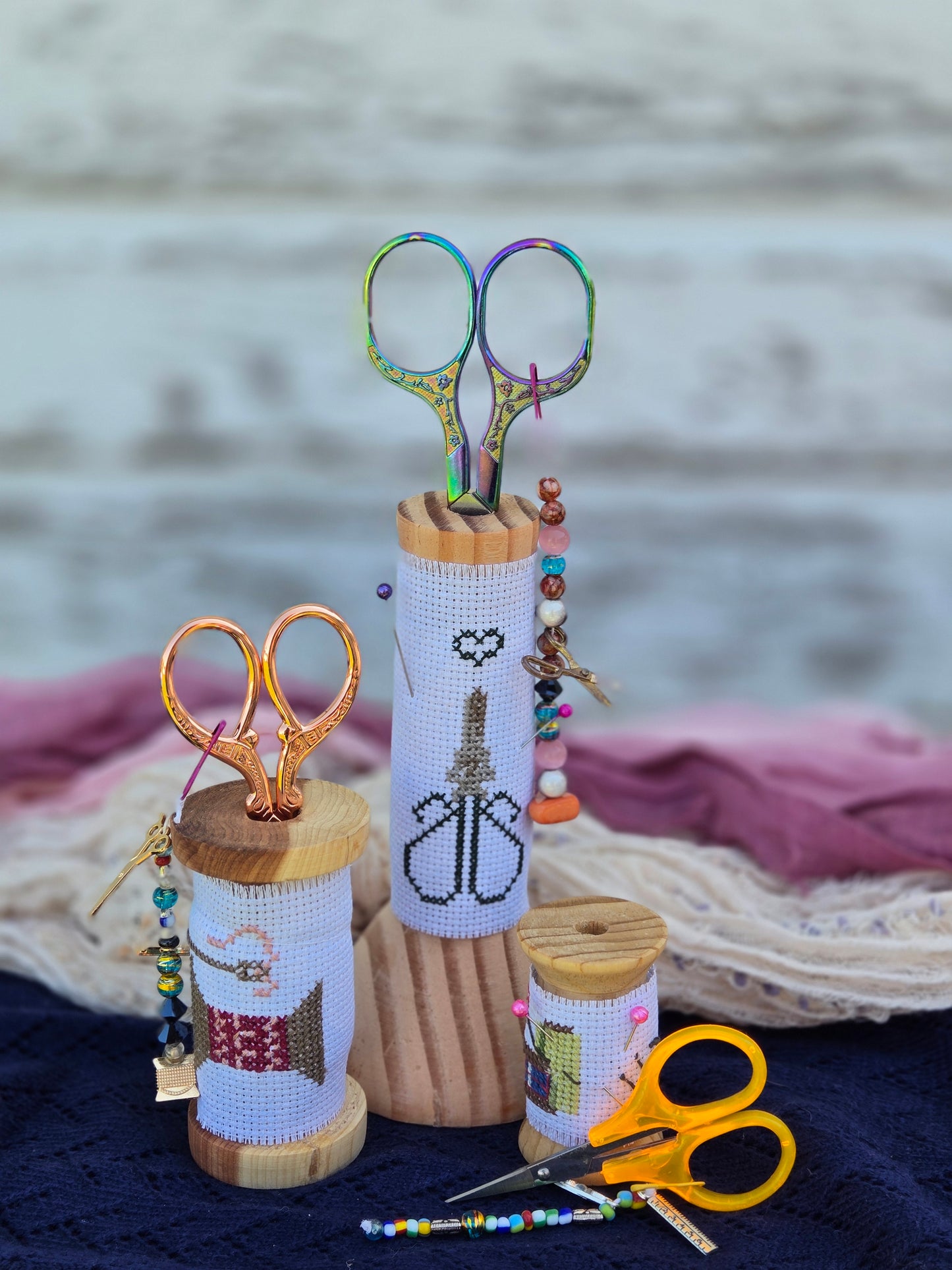 Medium Wooden Scissor Stand – “Spool of Thread” Cross-Stitch Design