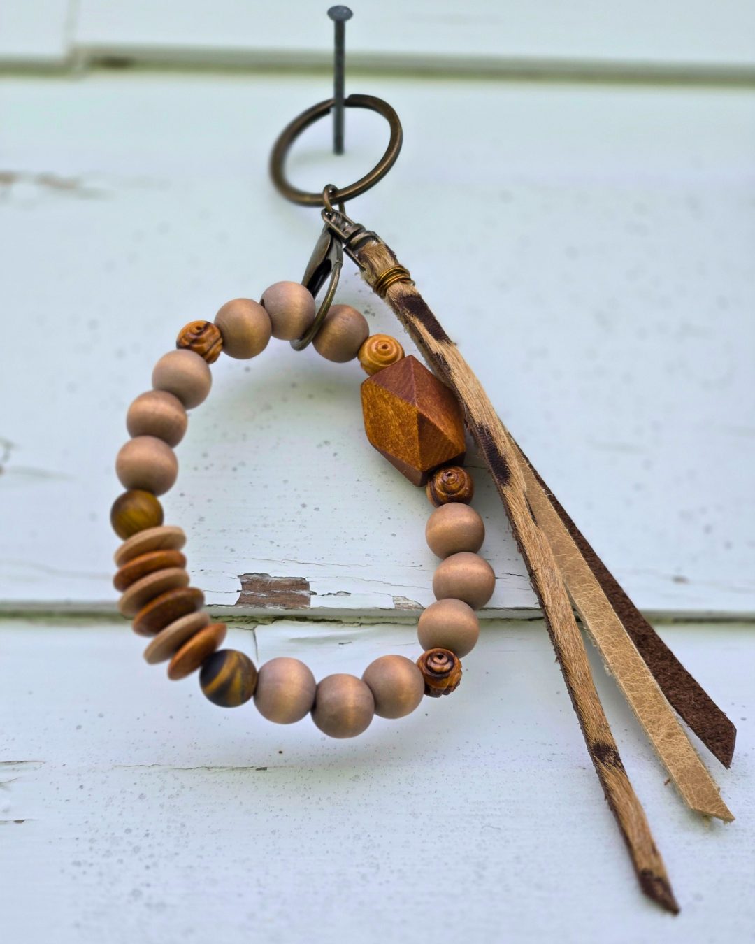 Rustic Wood & Hide Wristlet Keychain