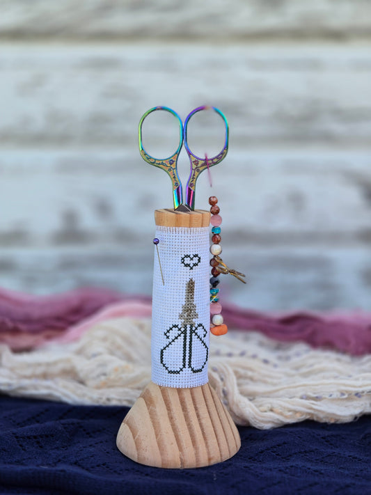 Large Hand-Turned Wooden Scissor Stand with Cross-Stitch Wrap