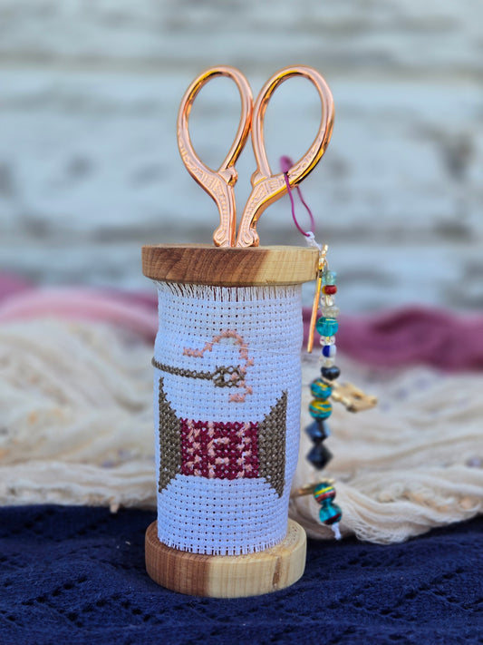 Medium Wooden Scissor Stand – “Spool of Thread” Cross-Stitch Design