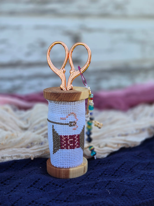 Medium Wooden Scissor Stand – “Spool of Thread” Cross-Stitch Design