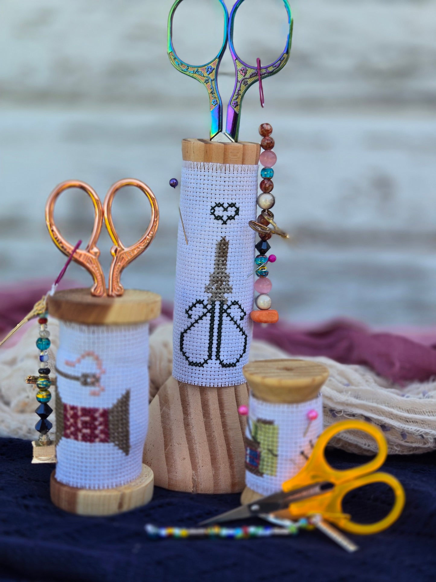 Medium Wooden Scissor Stand – “Spool of Thread” Cross-Stitch Design