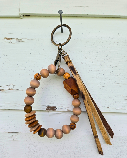 Rustic Wood & Hide Wristlet Keychain