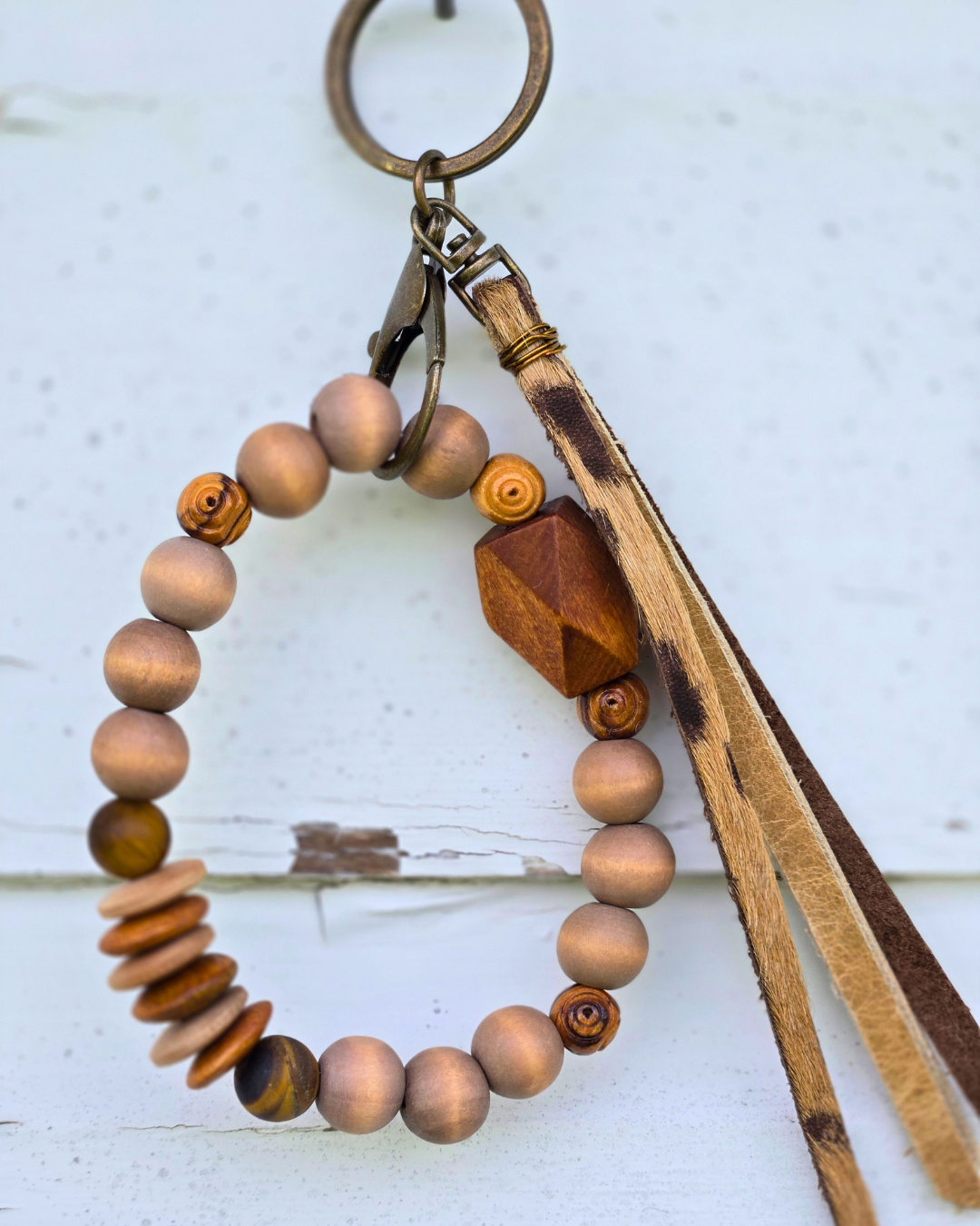 Rustic Wood & Hide Wristlet Keychain