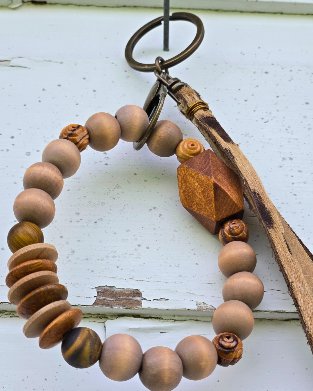 Rustic Wood & Hide Wristlet Keychain